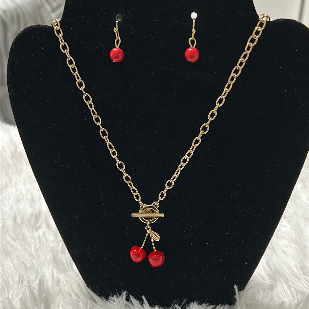 Gold and Red Necklace with 🍒 Pendant